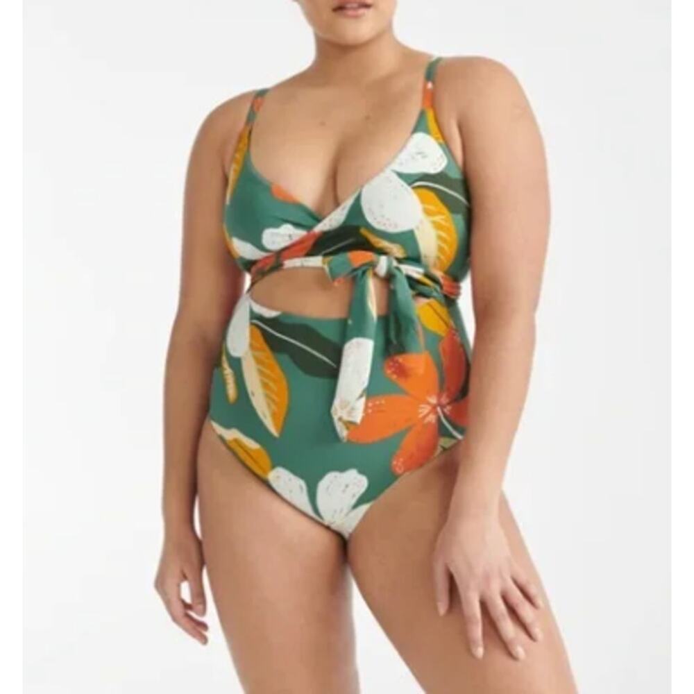 Knix Green and Orange One Piece Swimsuit with Plunging Neckline